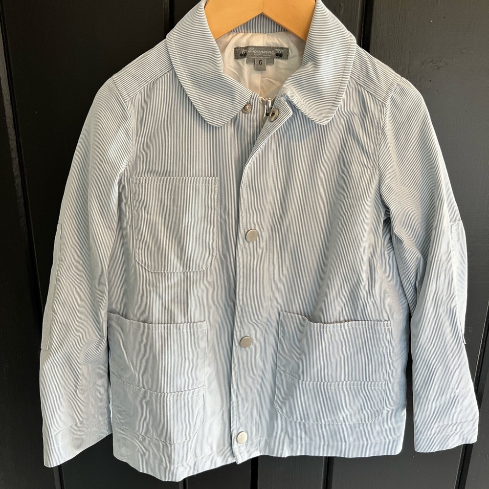 Boys spring jacket- blue and white stripes, zipper and snap front. Eur sizing